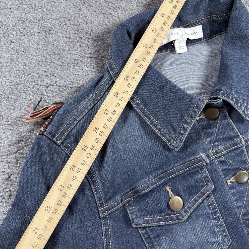 EST. 1946 Denim Jacket L Blue South Western Boho Embroidered Fringe Back Trucker - Picture 7 of 8